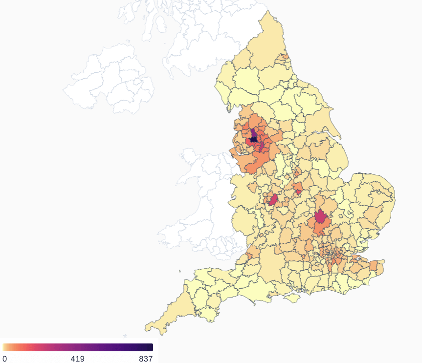 Case numbers are not always high in areas where the Delta variant is dominant. This map shows how many cases are diagnosed per week, according to data up to May 29