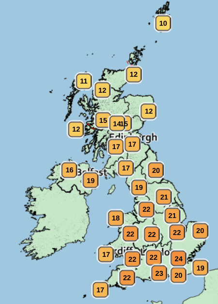 Today will see highs of 24C in the south before rain hits on Wednesday