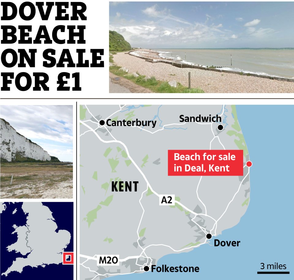 The beach on sale is between Dover and Sandwich