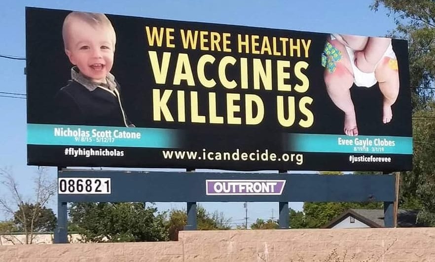 Anti-vaxxers use the images of children they falsely claim to have been killed by vaccines on billboards