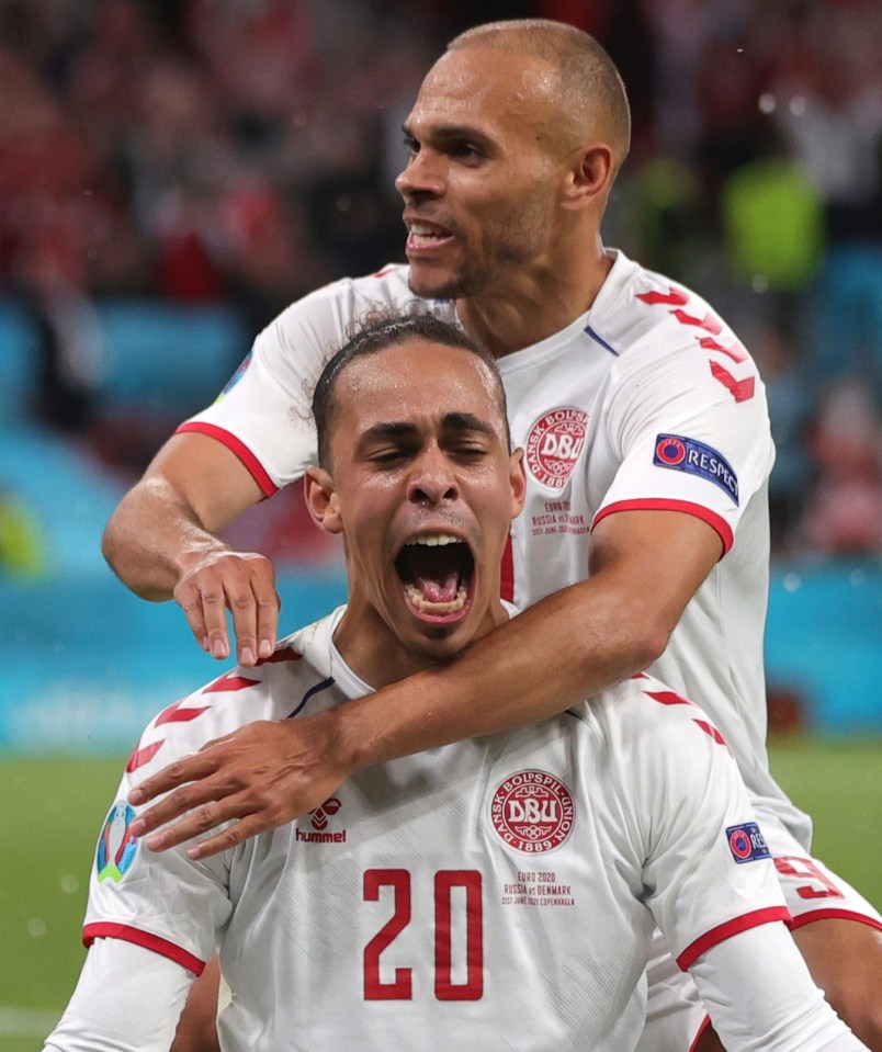 Yussuf Poulsen celebrates his goal with Denmark team-mate Martin Braithwaite