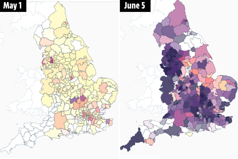 How quickly Delta became dominant in the UK. It is now dominant (darker colours) in many England authorities