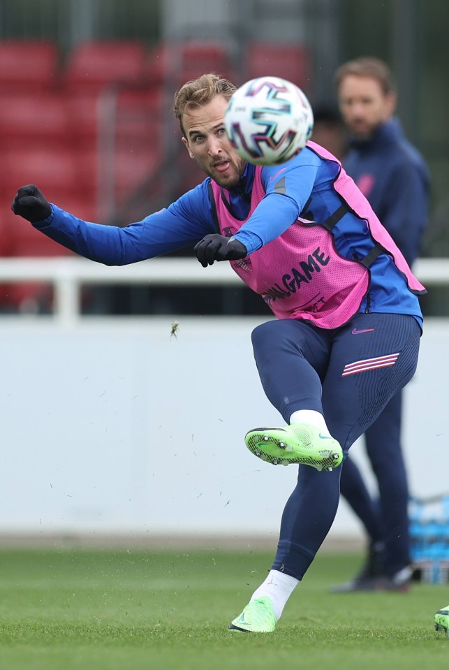 England captain Harry Kane in training as he awaits his first goal of Euro 2020