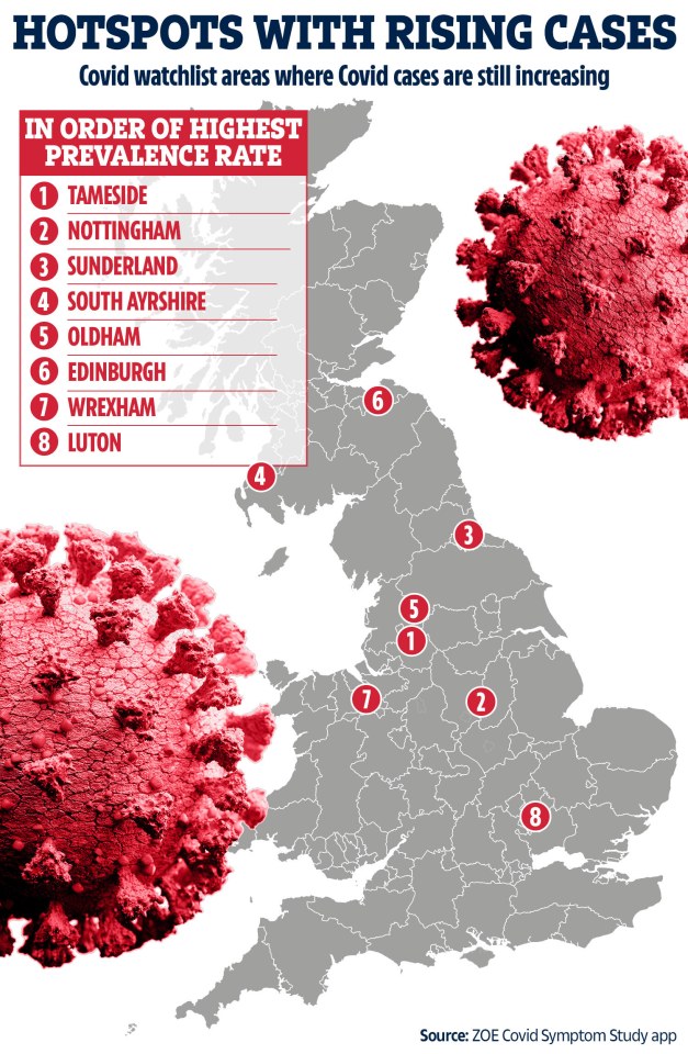 These places are on the ZOE Covid Symptom study app watchlist and have increasing numbers of people reporting Covid disease