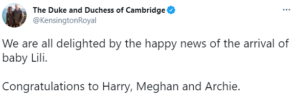 The Duke and Duchess of Cambridge congratulated Harry and Meghan