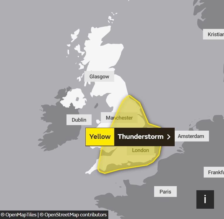 The yellow weather warning is in place for a large part of England and Wales