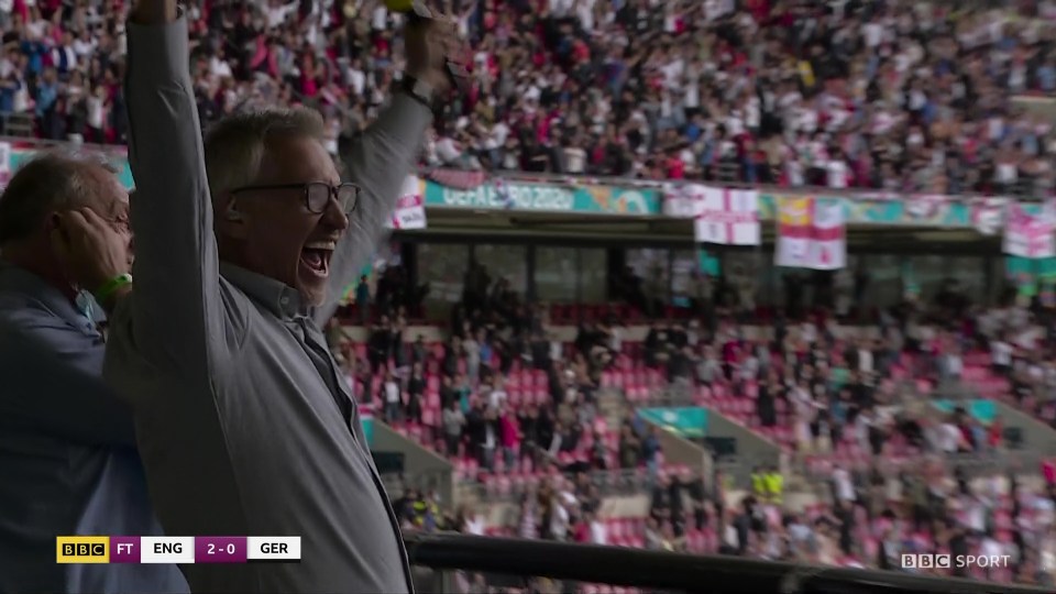 Gary Lineker jumps for joy after Sterling fires England into the lead