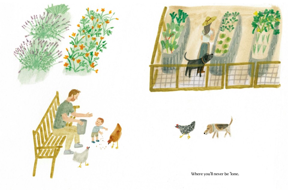 In her book, The Bench, a ginger-haired man feeds the chickens with a toddler