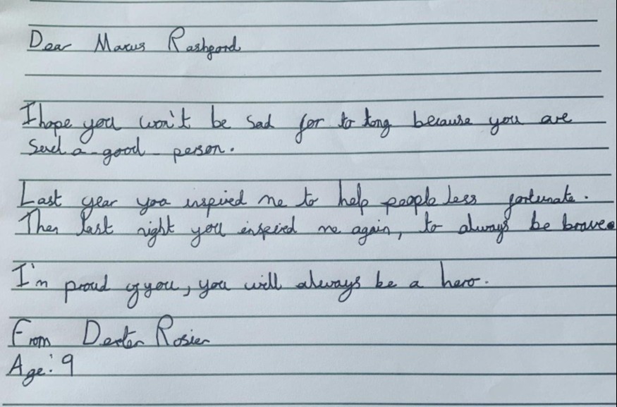 Nine-year-old Dexter Rosier sent a supportive letter to his hero Marcus Rashford