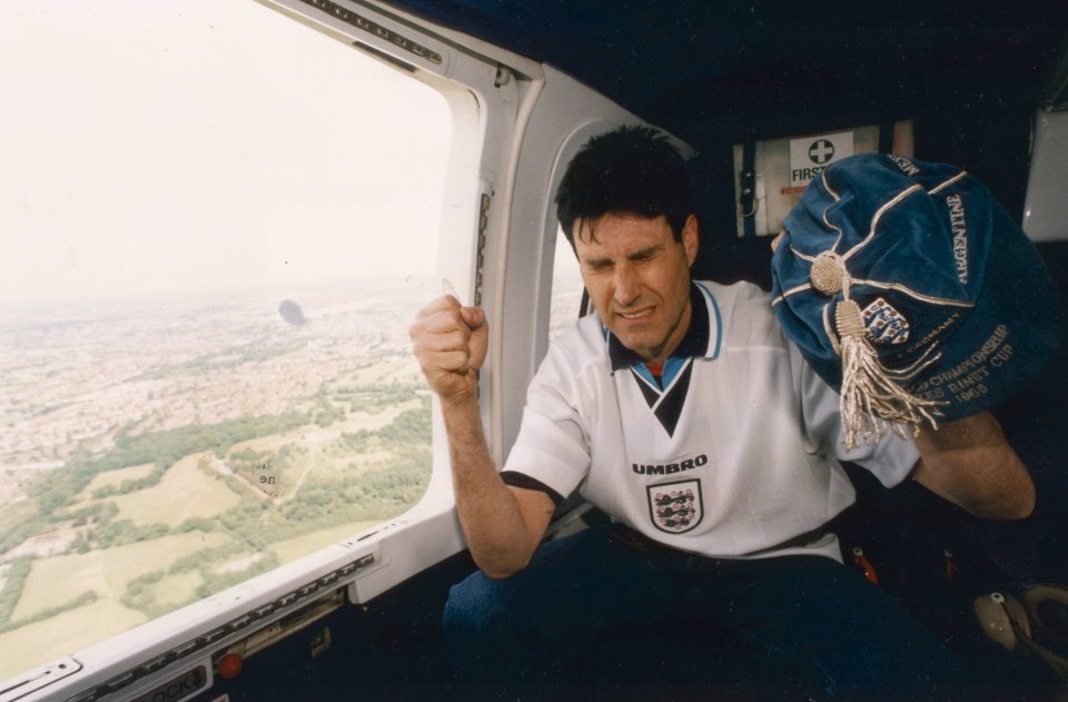 Geller, pictured here in a helicopter over Wembley during the England vs Scotland game, took credit for the miss