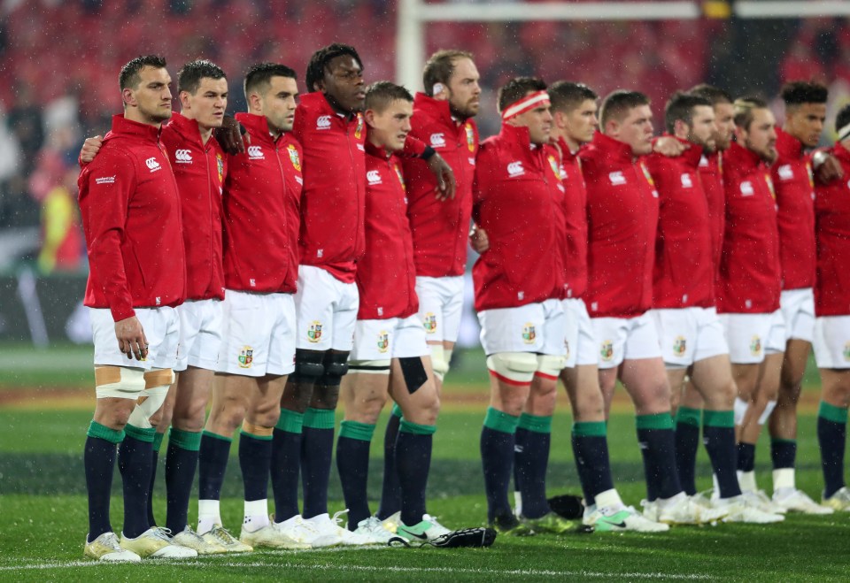 The Lions lining up for the national anthems in New Zealand