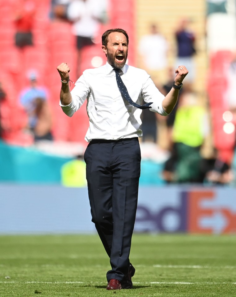 Gareth Southgate celebrates after his Three Lions team drubbed Ukraine