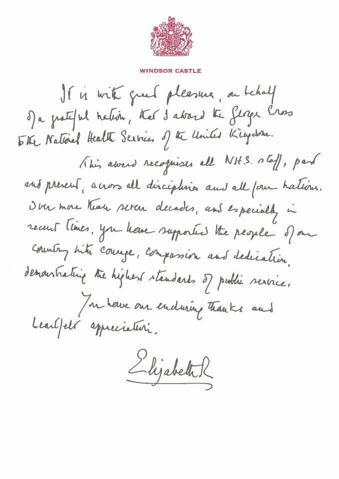 The Queen highlighted the bravery of NHS staff in a handwritten letter