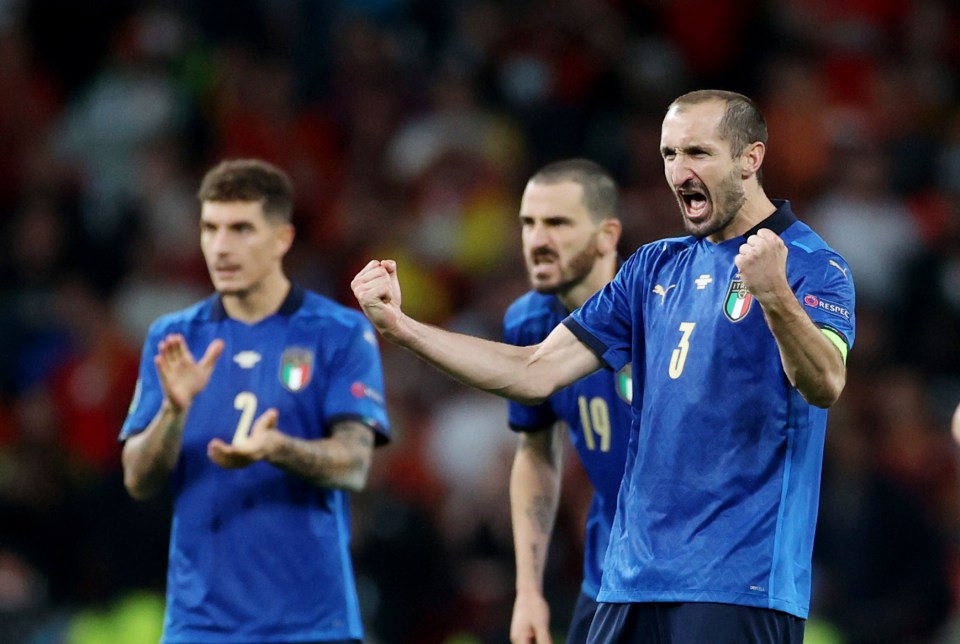 Chiellini (right) celebrates as Italy reach the Euro 2020 final