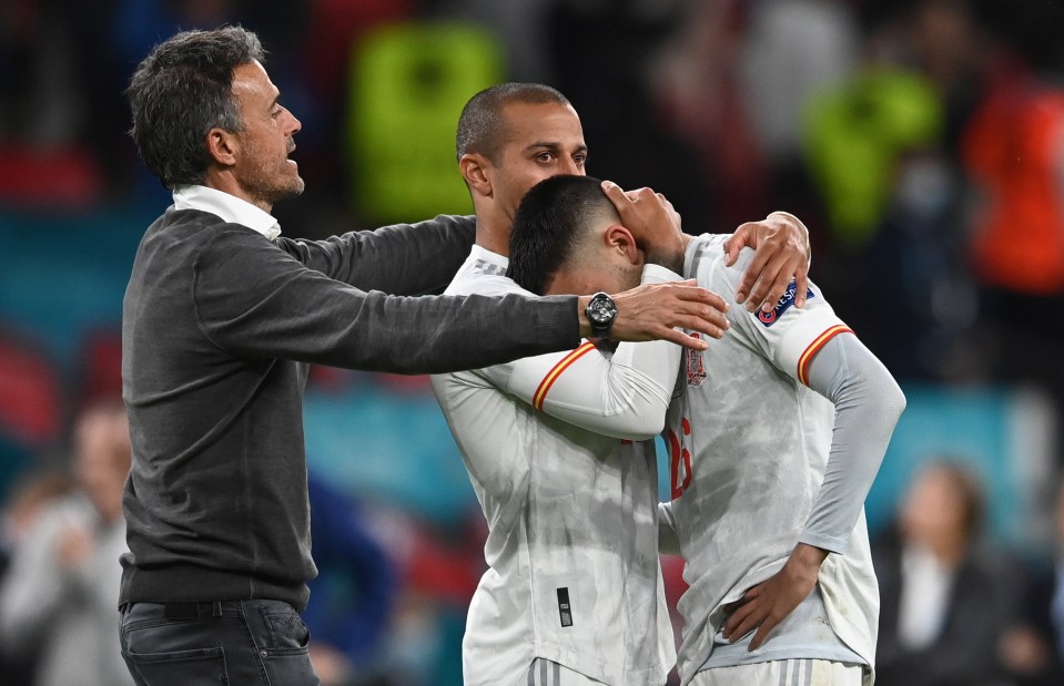 Pedri was pictured being consoled by boss Luis Enrique and Thiago Alcantara after Spain's Euros semis loss to Italy