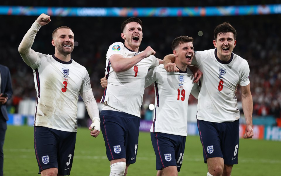 Players celebrate after they secured England's first final in 55 years