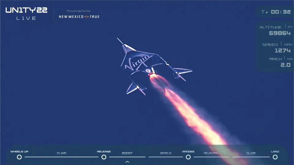 Virgin Galactic's passenger rocket plane VSS Unity, carrying billionaire Richard Branson and crew, starts its ascent to the edge of space above Spaceport America