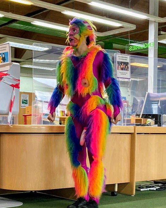 An actor in a similar costume with the fake appendage dangling in full view at an event for kids this week in Redbridge, East London