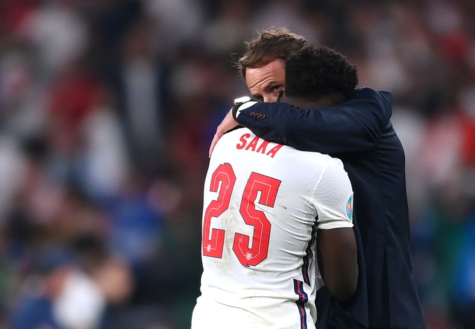 Gareth Southgate consoles Bukayo Saka after his penalty miss