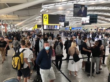 Ministers have ordered carriers to check passenger locator forms and covid tests - with the all clear sent to Border Force officials in the UK - pictured long queues at Heathrow