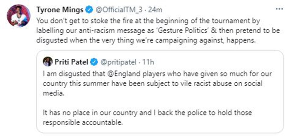 Mings responded to Priti Patel's tweet condemning the racist abuse