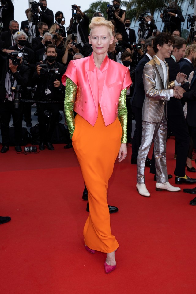 Tilda Swinton looked fashion-forward in a colour-block ensemble