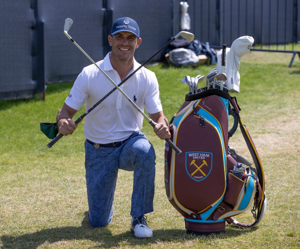 Billy Horschel posed with his West Ham bag during Tuesday practice