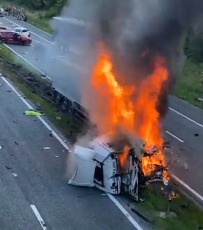 The truck was seen in flames after an incident on the A1 (M) yesterday evening, in which three people were killed