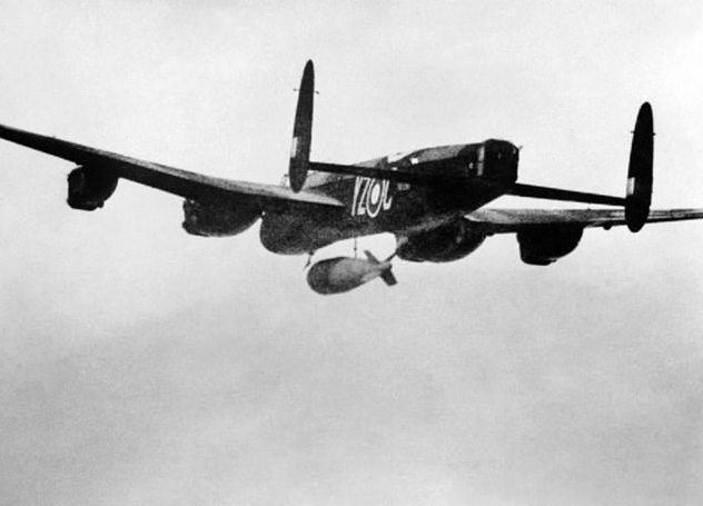 An Avro Lancaster of the 617 Squadron RAF drops a 'Grand Slam' bomb on the viaduct at Arnsberg, Germany