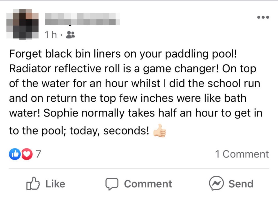 She revealed on Facebook that she uses radiator reflective roll to heat up the pool so it feels "like a bath" and it will have kids jumping straight in