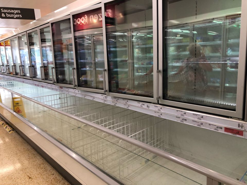 The empty sausage and burger section of the freezer aisle at the Sainsbury supermarket at the Arnison Centre, Durham