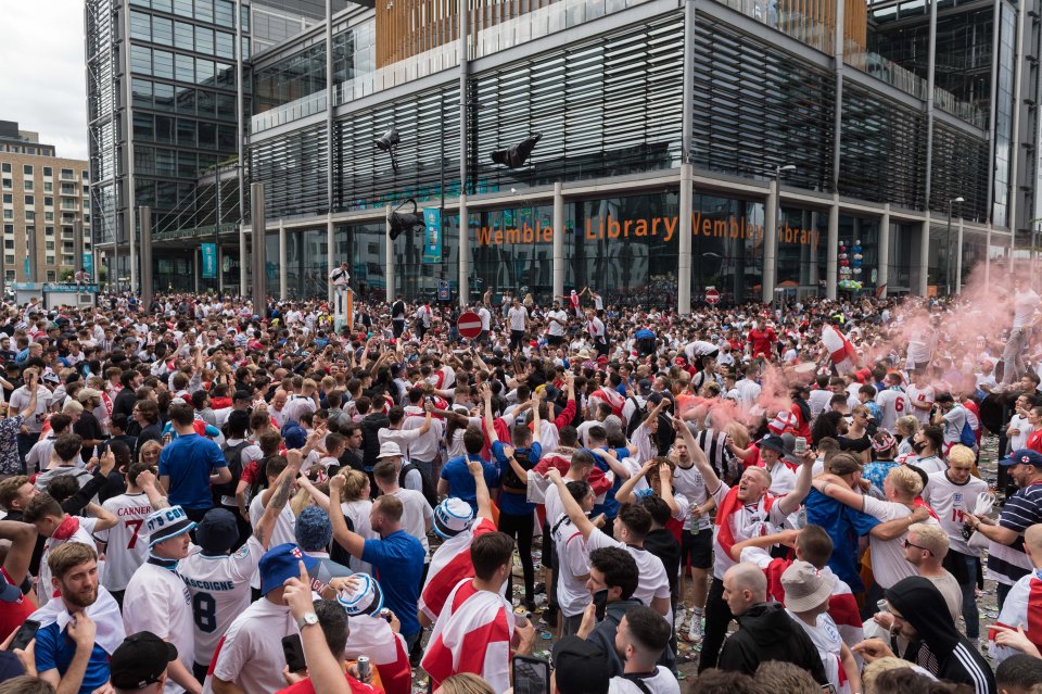 England football fans celebrate outside Wembley Stadium ahead of the England final against Italy (file image)