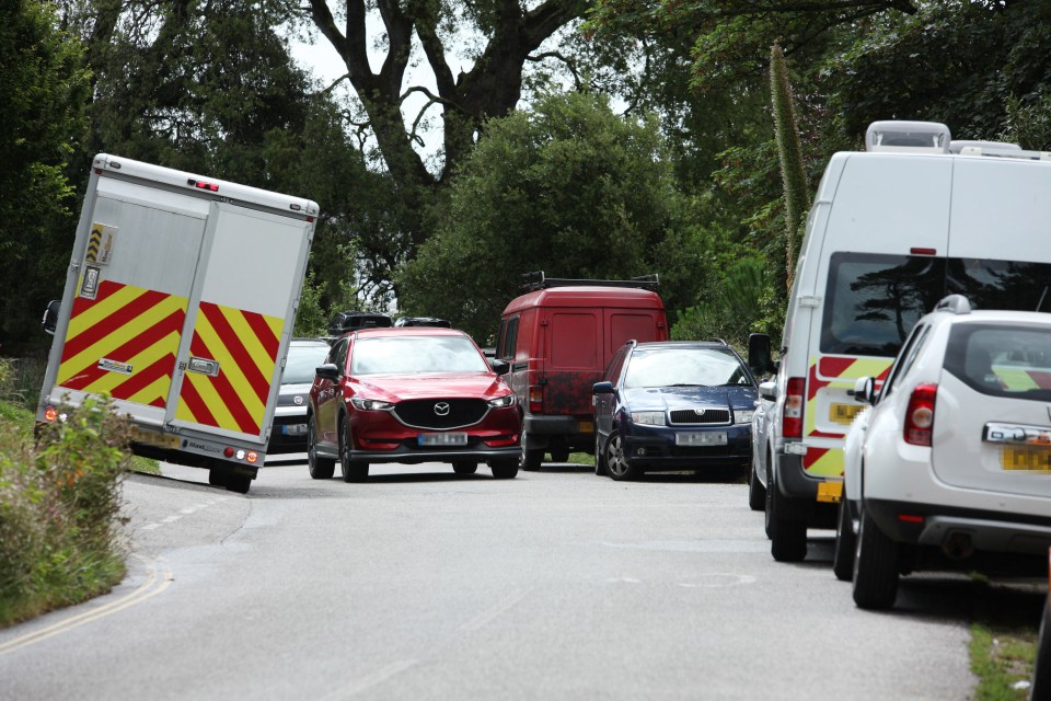 A van is forced to pull in on the narrow road