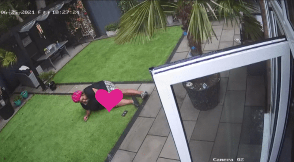 The 46-year-old caught the moment she slipped and fell on her outdoor CCTV - before noticing a bulging vein in her leg