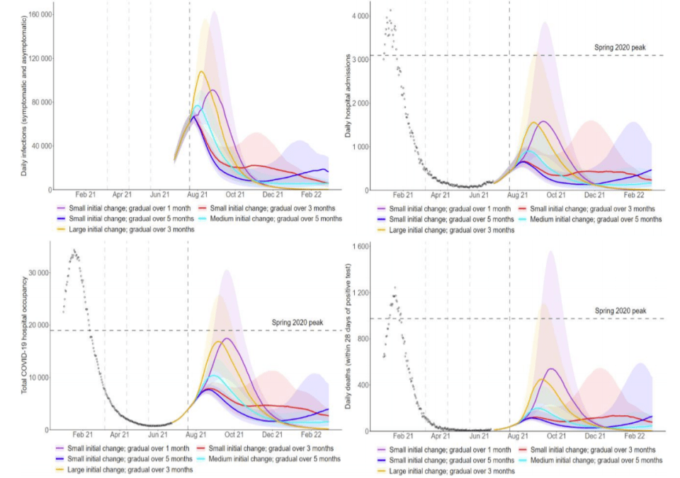 Warwick's work looked at how many hospitalisations and deaths could be staved by taking a slower approach to lifting restrictions over time. The dark blue line is the slowest and most catious while the purple line is sudden and "back to normal" within a month