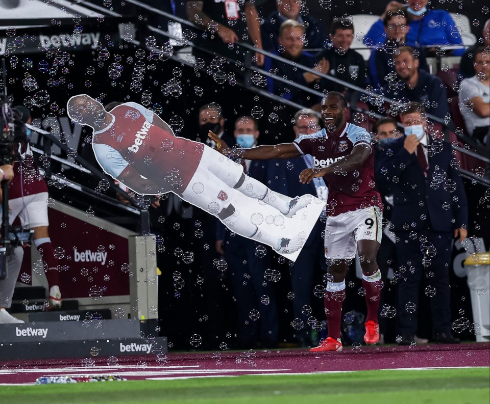 Michail Antonio celebrated with a cardboard cut-out of himself after scoring twice against Leicester