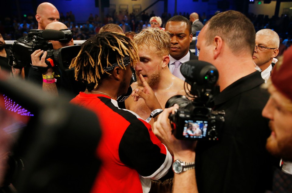 Jake Paul and KSI argue in the ring during a confrontation in 2020