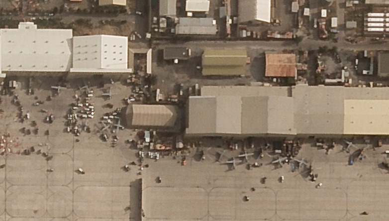 A satellite photo shows the trove of abandoned aircraft and vehicles at Kabul airport