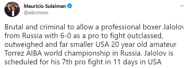 WBC chief Mauricio Sulaiman was critical of professional Jalolov fighting amateur Torrez Jr - now they will do it a second time