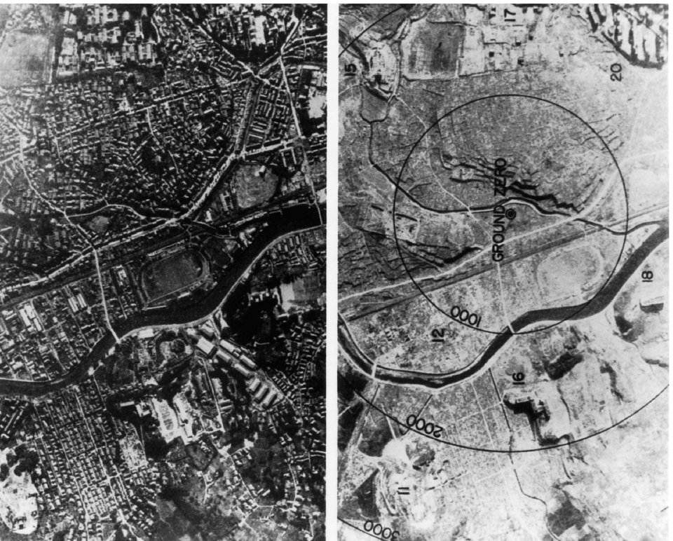 A before and after showing the devastation to central Hiroshima