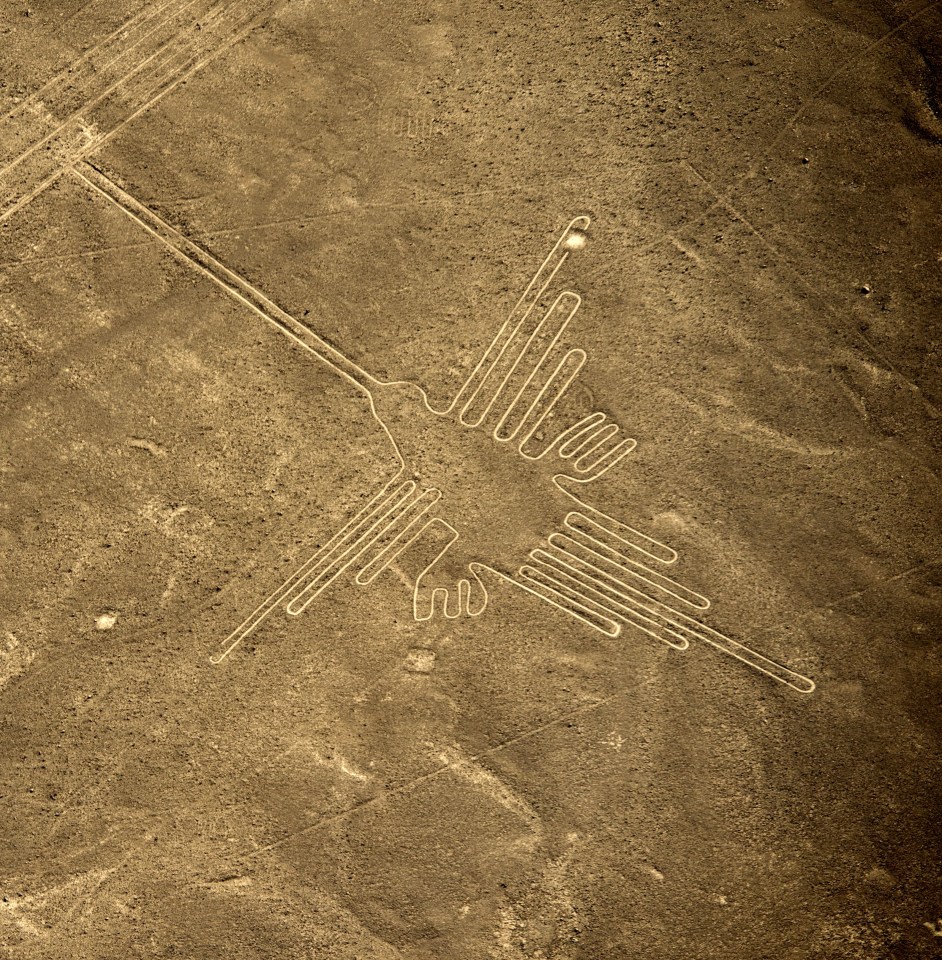 The Nazca lines are huge ancient drawings carved into the desert in Peru