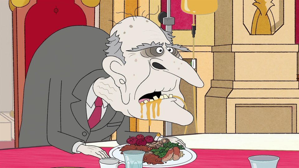 The character, voiced by Dan Stevens, is seen drooling while at the dinner table