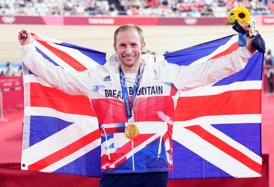 Jason Kenny celebrates his seventh Olympic gold medal