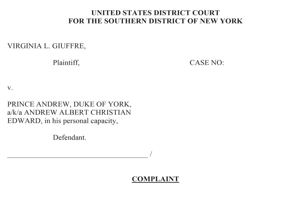 The cover of the legal action brought in the US by Jeffrey Epstein-accuser Virginia Giuffre