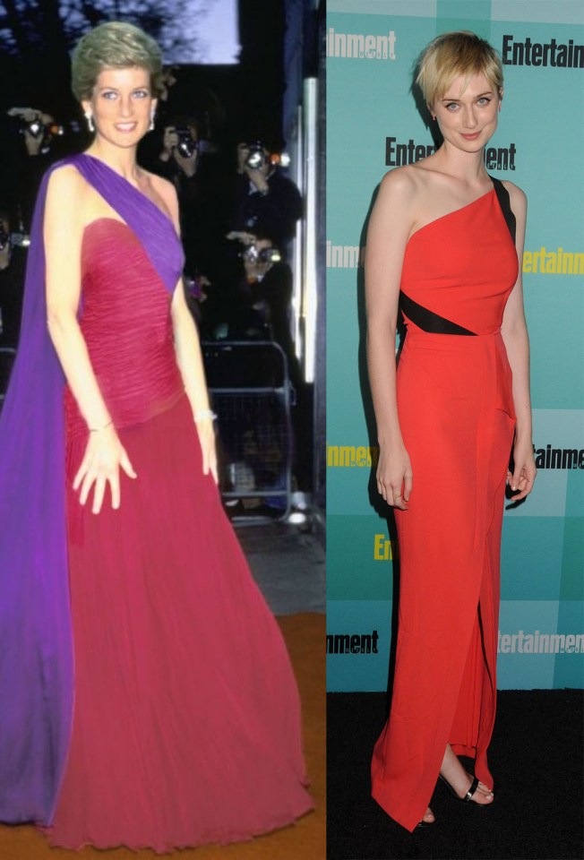 Both ladies stunned in one-shoulder floor-length red dresses