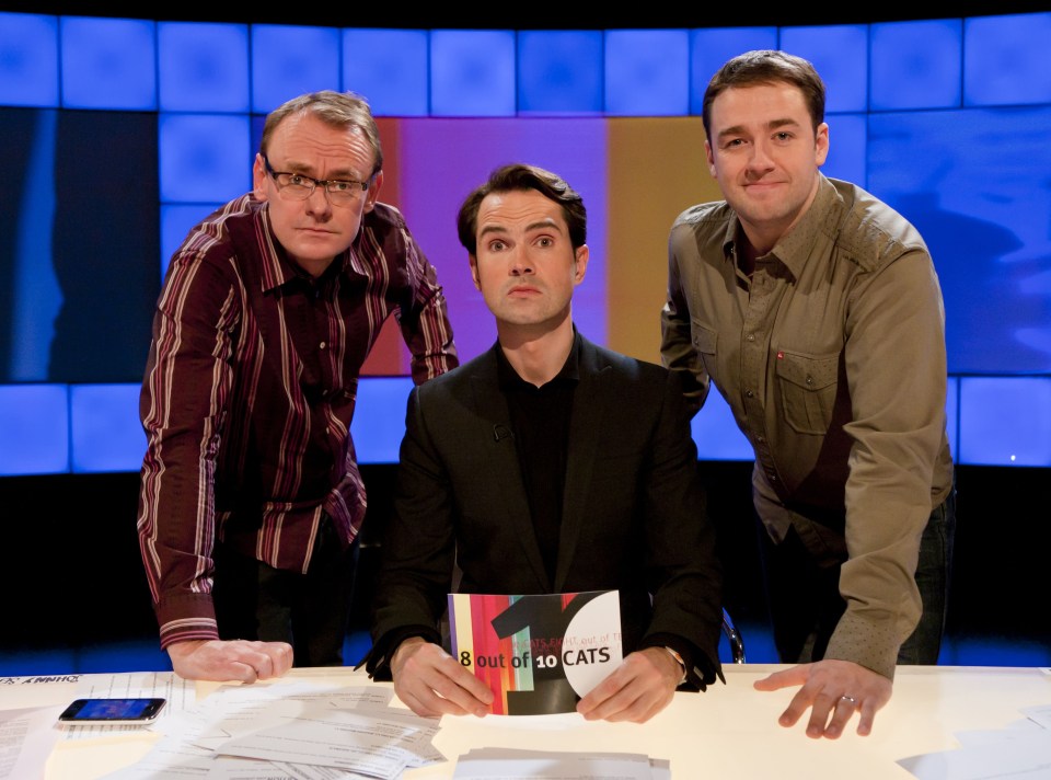 He starred as a team captain on 8 Out of 10 Cats, pictured here with Jimmy Carr and Jason Manford