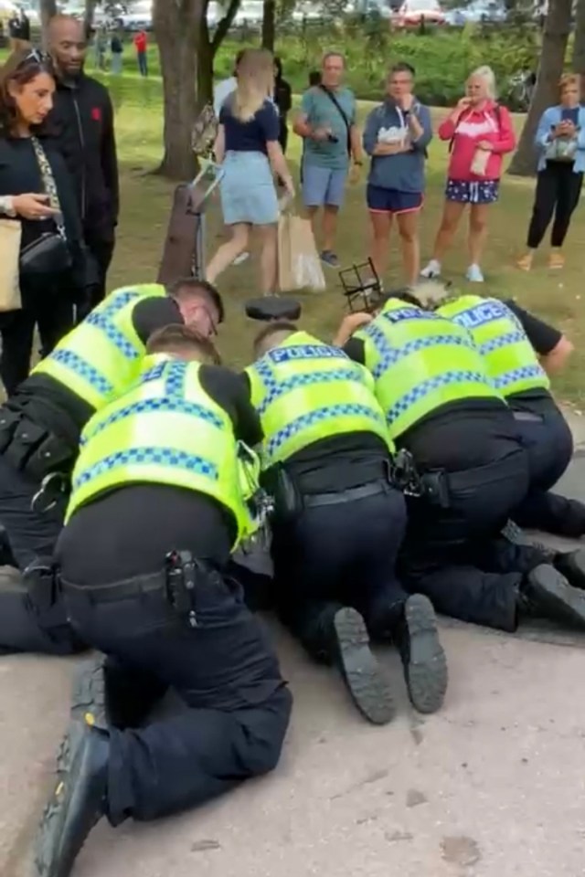 Five officers appear to tackle the busker to the ground