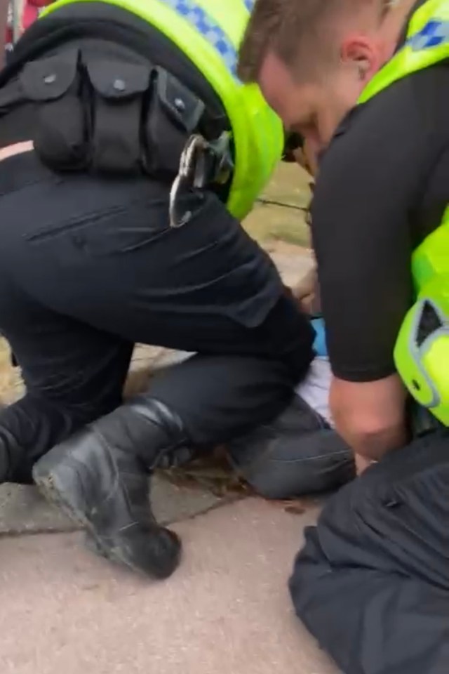 An officer's knee on the suspect's upper back with one witness describing the scene as 'overt use of brute force'