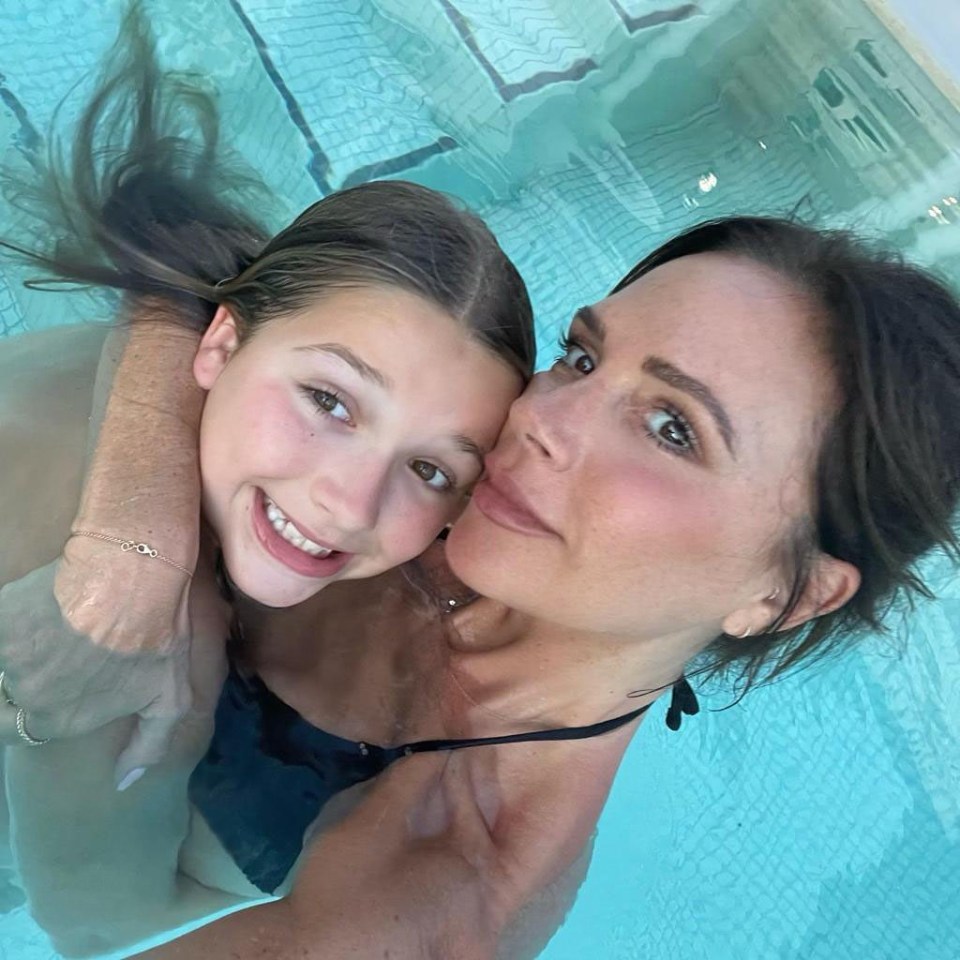 Victoria Beckham, 47, got cosy with daughter Harper, 10, in the pool