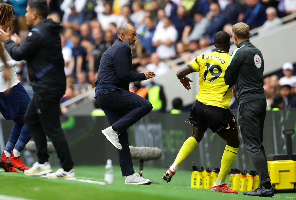 Sissoko accidentally smashed the ball into Spurs boss Nuno during Sunday's game